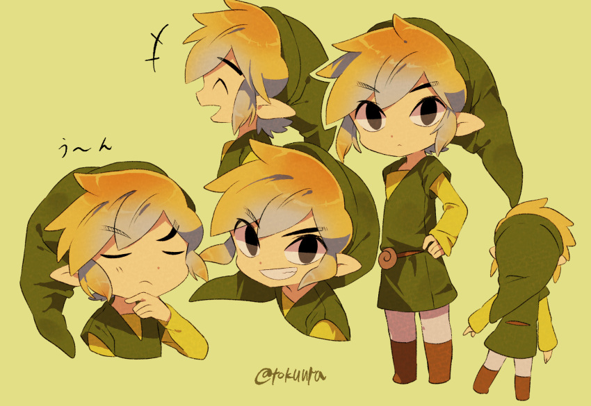 1boy artist_name belt blonde_hair green_headwear hat highres holding holding_sword holding_weapon link male_focus multiple_persona selfie short_hair simple_background smile sword the_legend_of_zelda the_legend_of_zelda:_the_wind_waker tokuura toon_link weapon