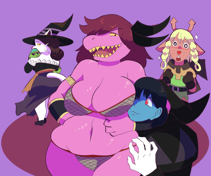 absurd_res amazon_(dragon's_crown) andromorph anthro big_breasts breasts catti_(deltarune) cervid chubby_anthro chubby_female clothing cosplay crossover crossover_cosplay deltarune domestic_cat dragon's_crown felid feline felis female group hair hat headgear headwear hi_res human intersex kris_(deltarune) long_hair mammal noelle_holiday red_eyes reptile scalie smile snake susie_(deltarune) tagme toonarscontent undertale_(series) video_games wide_hips witch_costume witch_hat
