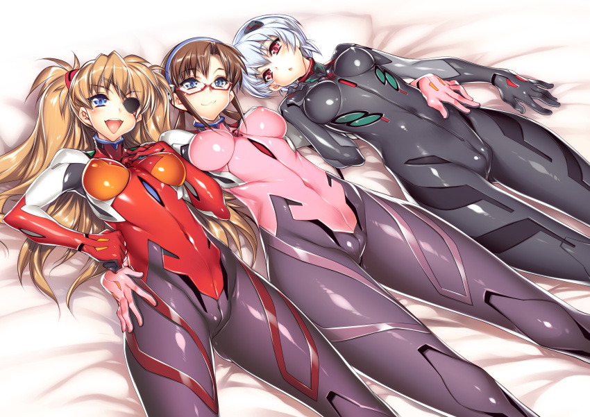3girls :3 absurdres arm_around_waist arm_at_side ass_visible_through_thighs ayanami_rei bangs bed_sheet black_bodysuit blue_eyes blue_hairband blush bodysuit breasts breasts_apart brown_hair cameltoe circle_name clenched_hand closed_mouth content_rating covered_navel covered_nipples cowboy_shot dutch_angle evangelion:_3.0_you_can_(not)_redo eyepatch from_above girl_sandwich glasses gloves gradient hair_between_eyes hairband hand_on_another's_hip hand_on_hip head_tilt headgear highres hip_focus hiyohiyo hug impossible_bodysuit impossible_clothes indoors interface_headset legs_together light_smile logo long_hair looking_at_viewer low_twintails lying makinami_mari_illustrious medium_breasts multicolored_bodysuit multicolored_clothes multiple_girls neon_genesis_evangelion on_back on_bed open_mouth orange_hair outstretched_arms parted_bangs parted_lips pilot_suit pink_bodysuit plugsuit rebuild_of_evangelion red-framed_eyewear red_bodysuit red_eyes sandwiched shiny shiny_clothes shiny_hair short_hair side-by-side sidelocks skin_tight smile souryuu_asuka_langley sparkle spread_arms spread_legs thighs transparent triangle_mouth turtleneck twintails two_side_up white_hair