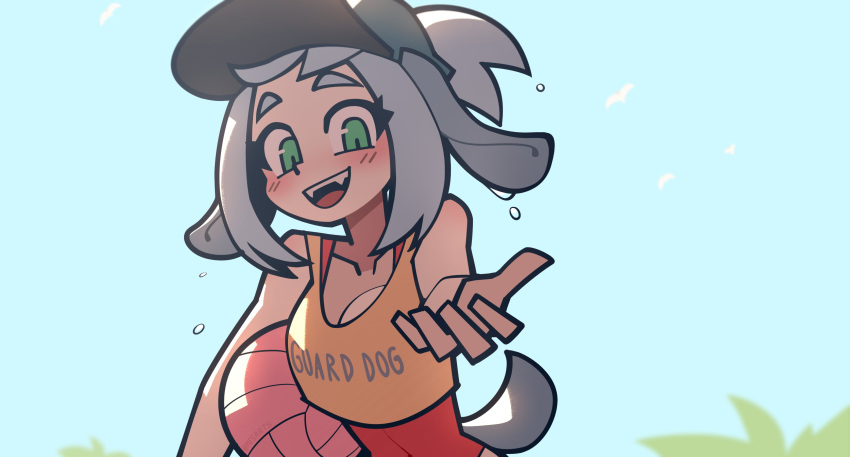 1girl absurdres animal_ears baseball_cap blue_sky blush breasts cleavage crop_top day dog_ears dog_girl dog_tail fangs green_eyes grey_hair hat highres large_breasts looking_at_viewer one-piece_swimsuit open_mouth original outdoors piesarts red_swimsuit sky smile solo swimsuit tail teeth upper_teeth