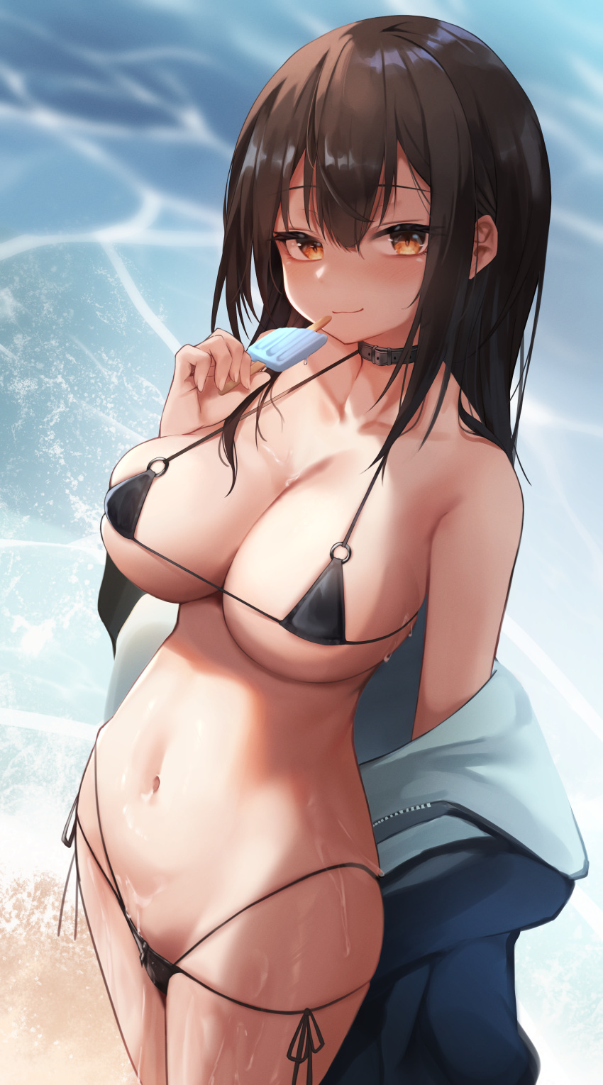 1girl absurdres aoinu_(aoinu_99) bangs bikini black_bikini black_jacket blush breasts brown_hair cleavage closed_mouth collar collarbone cowboy_shot day food highres holding holding_food jacket large_breasts long_hair looking_at_viewer micro_bikini multi-strapped_bikini navel open_clothes open_jacket orange_eyes original outdoors popsicle skindentation smile solo stomach swimsuit unzipped water wet