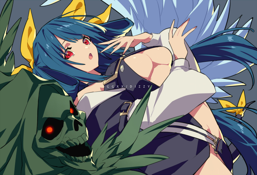 1girl angel_wings asymmetrical_wings bare_shoulders belt black_panties blue_hair breasts center_opening character_name choker copyright_name detached_sleeves dizzy_(guilty_gear) from_side glowing glowing_eyes guilty_gear guilty_gear_x guilty_gear_xx hair_ribbon hair_rings large_breasts long_hair long_sleeves midriff monster_girl navel necro_(guilty_gear) panties puffy_long_sleeves puffy_sleeves red_eyes ribbon skull solo tail tail_ornament tail_ribbon talgi tearing_up twintails underboob underwear wings yellow_ribbon