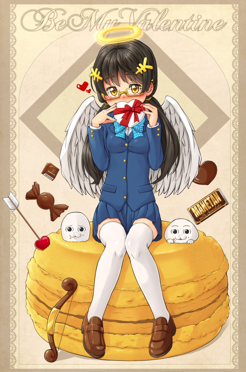 1girl 2ch :3 angel angel_wings arrow_(projectile) bangs black_hair blue_bow blue_bowtie blue_jacket blue_skirt blush bow bow_(weapon) bowtie box breasts brown_footwear candy chocolate chocolate_bar commentary_request covered_mouth feathered_wings food full_body glasses hair_ornament halo heart heart-shaped_box heart-shaped_chocolate heart_arrow highres jacket kitsunerider loafers long_hair long_sleeves looking_at_viewer low_twintails macaron medium_breasts original plaid plaid_bow plaid_bowtie pleated_skirt red_bow shirt shoes skirt thighhighs twintails valentine weapon white_shirt white_thighhighs white_wings wings yaruo yellow_eyes yen_sign zettai_ryouiki