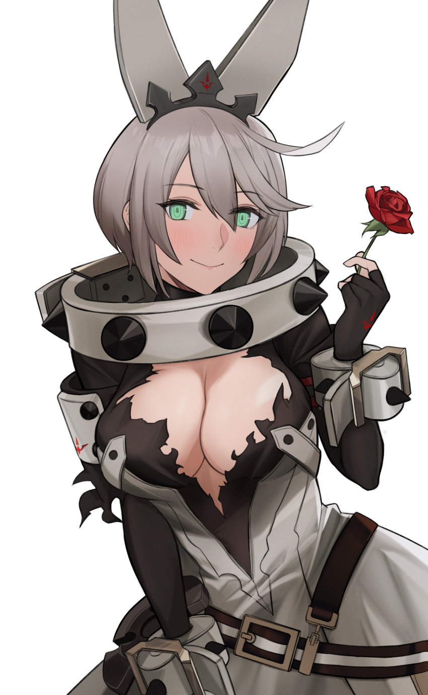 1girl aqua_eyes bangs black_gloves blush breasts cleavage closed_mouth commentary dress elphelt_valentine fingerless_gloves flower girls'_frontline gloves grey_hair guilty_gear guilty_gear_xrd highres holding holding_flower la13 lips looking_at_viewer mechanical_ears medium_breasts red_flower red_rose rose short_hair smile solo torn_clothes upper_body white_background white_dress