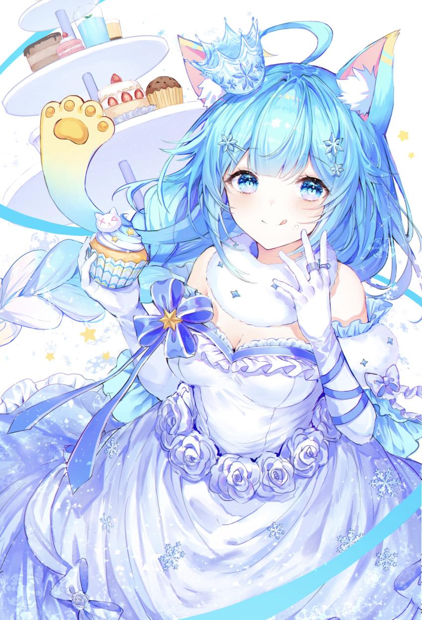 1girl :q absurdres ahoge animal_ear_fluff animal_ears bangs blue_eyes blue_hair blue_ribbon blush breasts cat_ears cleavage closed_mouth crown cupcake dress elbow_gloves flower food food_on_face frilled_dress frills fur_collar gloves gradient_hair hair_ornament highres holding holding_food indie_virtual_youtuber jewelry lanmewko large_breasts long_hair looking_at_viewer mini_crown multicolored_hair multiple_rings noyu_(noyu23386566) ribbon ring simple_background smile snowflake_hair_ornament solo star_(symbol) tiered_tray tongue tongue_out very_long_hair virtual_youtuber white_background white_dress white_flower white_gloves white_hair