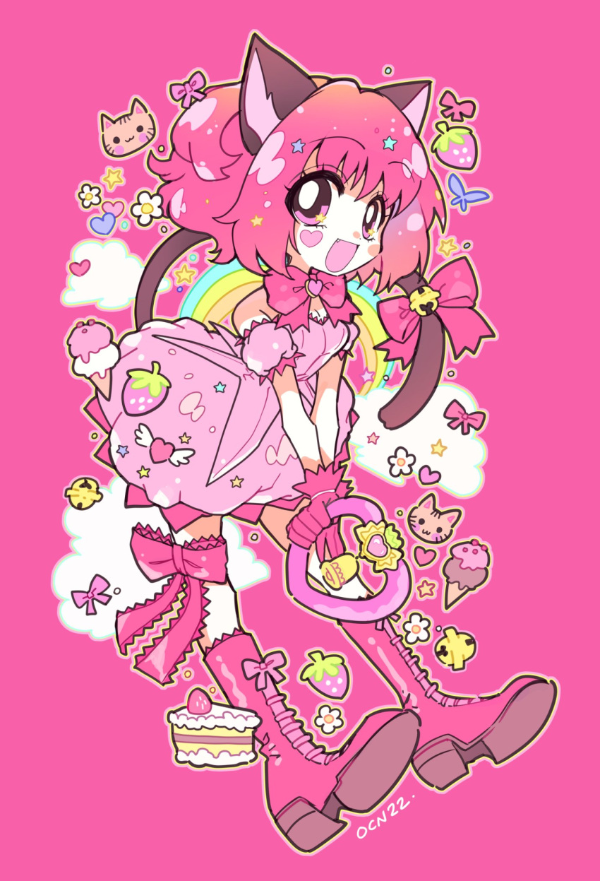 animal_ears bell blush blush_stickers boots bow bowtie cake cat_ears cat_girl cat_tail cloud detached_sleeves dress fang flower food fruit full_body gloves heart highres holding ice_cream ice_cream_cone looking_at_viewer magical_girl medium_hair mew_ichigo momomiya_ichigo oceaninspace open_mouth pink_background pink_bow pink_dress pink_eyes pink_footwear pink_gloves pink_hair rainbow signature simple_background smile star_(symbol) strawberry symbol_in_eye tail tail_bell tail_bow tail_ornament thigh_strap tokyo_mew_mew