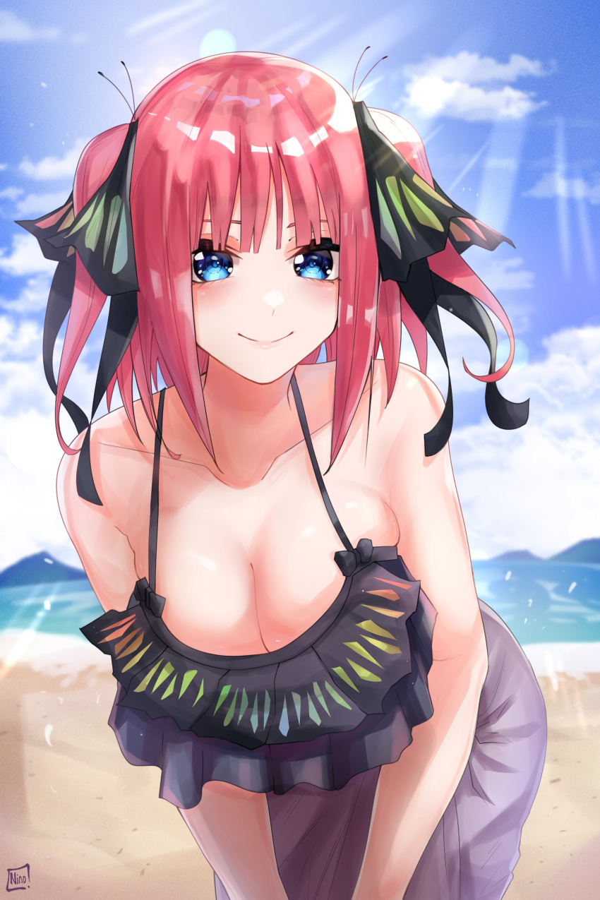 1girl absurdres bangs beach black_ribbon black_swimsuit blue_eyes blunt_bangs blush breasts butterfly_hair_ornament cleavage collarbone go-toubun_no_hanayome hair_ornament highres large_breasts leaning_forward looking_at_viewer nakano_nino o22no ocean outdoors pink_hair purple_skirt raised_eyebrows ribbon skindentation skirt smile sunlight swimsuit twintails