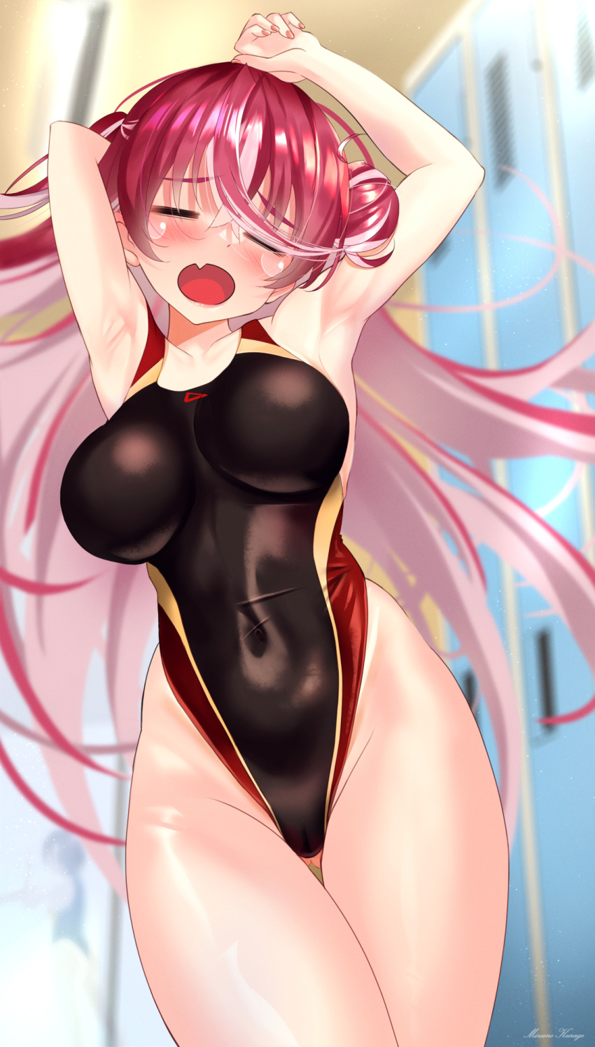 1girl ass_visible_through_thighs black_swimsuit breasts closed_eyes commentary_request competition_swimsuit covered_navel cowboy_shot fang hair_bun highleg highleg_swimsuit highres hololive houshou_marine indoors locker locker_room long_hair looking_at_viewer medium_breasts mizuno_kurage multicolored_clothes multicolored_swimsuit one-piece_swimsuit open_mouth red_hair skin_fang solo swimsuit thigh_gap virtual_youtuber yawning