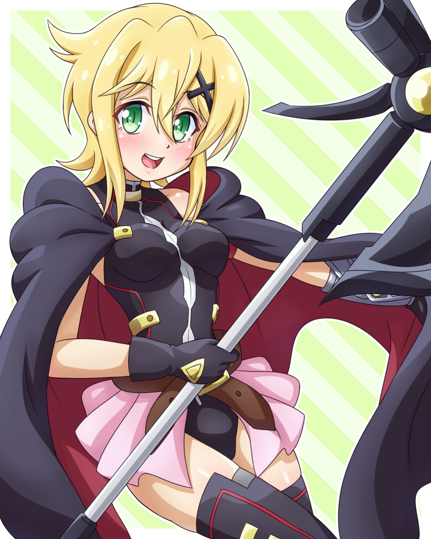 1girl akatsuki_kirika alternate_costume bardiche black_leotard black_thighhighs blonde_hair breasts cape cosplay fate_testarossa fate_testarossa_(cosplay) green_eyes highres leotard looking_at_viewer lyrical_nanoha mahou_shoujo_lyrical_nanoha mahou_shoujo_lyrical_nanoha_a's medium_breasts open_mouth pink_skirt scythe senki_zesshou_symphogear shiny shiny_hair shiny_skin short_hair showgirl_skirt skirt smile solo thighhighs yosuzu