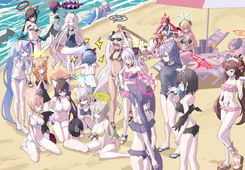 &gt;_&lt; 1boy 6+girls =3 ? absurdly_long_hair ahoge akari_(blue_archive) ako_(blue_archive) alternate_costume alternate_hairstyle anger_vein animal_ear_fluff animal_ears armpits arms_behind_back arms_up ayane_(blue_archive) ayane_(swimsuit)_(blue_archive) azusa_(blue_archive) azusa_(swimsuit)_(blue_archive) bangs bare_shoulders beach bead_necklace beads belt bikini black_bikini black_hair black_hairband black_shirt black_swimsuit black_wings blue_archive blue_eyes blue_hair blush blush_stickers breasts buried cat_ears chise_(blue_archive) chise_(swimsuit)_(blue_archive) cleavage closed_eyes closed_mouth collarbone commentary_request competition_swimsuit cup dark_skin demon_horns demon_wings drinking_glass eyewear_on_head flip-flops flower flying_sweatdrops food fox_ears fox_tail frilled_bikini frills from_above from_behind full_body green_eyes grey_background grey_hair hair_between_eyes hair_flower hair_ornament hairband hairclip halo haruna_(blue_archive) heart highres hina_(blue_archive) hina_(swimsuit)_(blue_archive) holding holding_cup holding_plate holding_sword holding_weapon horns hoshino_(blue_archive) hoshino_(swimsuit)_(blue_archive) index_fingers_together iori_(blue_archive) iori_(swimsuit)_(blue_archive) izumi_(blue_archive) izumi_(swimsuit)_(blue_archive) jewelry junko_(blue_archive) kneeling large_breasts long_hair looking_at_another low_wings lying maid_headdress mari_(blue_archive) mari_(swimsuit)_(blue_archive) mashiro_(blue_archive) mashiro_(swimsuit)_(blue_archive) mimori_(blue_archive) mismatched_pupils multiple_girls navel necklace nonomi_(blue_archive) nonomi_(swimsuit)_(blue_archive) ocean octopus off-shoulder_bikini off_shoulder on_back on_stomach one-piece_swimsuit orange_hair own_hands_clasped own_hands_together parasol pink_bikini pink_hair plate ponytail popsicle popsicle_in_mouth purple_eyes purple_hair red_bikini red_eyes sandals school_swimsuit sensei_(blue_archive) serika_(blue_archive) serika_(swimsuit)_(blue_archive) shaded_face shiroko_(blue_archive) shiroko_(swimsuit)_(blue_archive) shirt shizuko_(blue_archive) shizuko_(swimsuit)_(blue_archive) short_sleeves side-tie_bikini sidelocks sitting smile spaghetti_strap squatting squiggle standing stomach striped striped_bikini sunglasses sweatdrop swimsuit sword tail thighlet tonomiya68 top-down_bottom-up trapped tsurugi_(blue_archive) tsurugi_(swimsuit)_(blue_archive) twintails two_side_up umbrella very_long_hair wakamo_(blue_archive) wakamo_(swimsuit)_(blue_archive) walking wariza weapon white_bikini wings wooden_sword yellow_bikini yellow_eyes yuuka_(blue_archive)