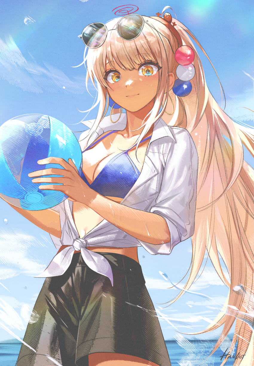 1girl absurdres alternate_costume alternate_hairstyle artist_name ball beachball bikini bikini_under_clothes black_shorts blonde_hair blue_bikini blue_sky breasts cleavage closed_mouth cloud cloudy_sky collarbone cowboy_shot dark-skinned_female dark_skin day earrings eyebrows_hidden_by_hair eyewear_on_head handot_(d_yot_) highres holding holding_ball holding_beachball hololive hololive_english hoop_earrings jewelry lens_flare limiter_(tsukumo_sana) long_hair looking_at_viewer medium_breasts navel ocean open_clothes open_shirt outdoors planet_hair_ornament ponytail rainbow shirt shorts sidelocks signature sky smile solo standing string_bikini sunglasses sunlight swimsuit tied_shirt tinted_eyewear tsukumo_sana virtual_youtuber water_drop wet white_shirt yatagarasu_(tsukumo_sana) yellow_eyes