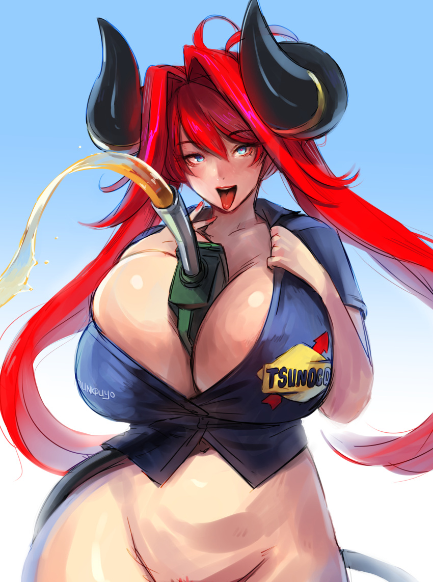 1girl absurdres ahoge banned_artist between_breasts black_horns blue_eyes blue_shirt borrowed_character bottomless breast_squeeze breasts bursting_breasts cleavage curvy english_commentary gas_pump_nozzle gasoline hair_between_eyes hair_intakes heart heart-shaped_pupils highres horn_ornament horn_ring horns huge_breasts junkpuyo looking_at_viewer naughty_face original out-of-frame_censoring partially_unbuttoned plunging_neckline pubic_hair pubic_hair_peek race_queen red_hair red_nails shirt simulated_paizuri skindentation solo symbol-shaped_pupils tongue tongue_out tsunoko twintails