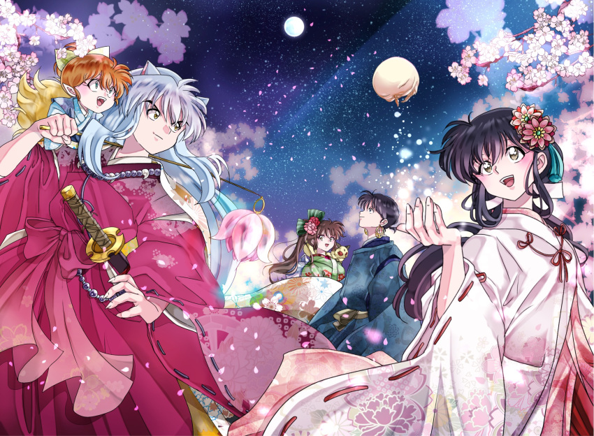 2girls 3boys alternate_eye_color animal_ears bangs bead_necklace beads black_hair blush brown_hair cherry_blossoms closed_mouth commentary_request dog_boy dog_ears earrings falling_petals fangs fingernails floral_print fox_boy fox_tail full_moon green_eyes grey_hair hair_ornament hair_tie hakama hakama_pants hand_on_hip happy highres ibispaint inuko_(nozomi1118) inuyasha inuyasha_(character) japanese_clothes jewelry kariginu katana kimono kirara_(inuyasha) long_hair long_sleeves looking_at_another looking_up male_child miko miroku_(inuyasha) monk moon multiple_boys multiple_girls necklace night on_shoulder open_mouth outdoors pants petals pointy_ears print_kimono red_hakama ribbon-trimmed_sleeves ribbon_trim sango sharp_fingernails shippou_(inuyasha) smile sword tail teeth upper_teeth weapon wide_sleeves yellow_eyes youkai