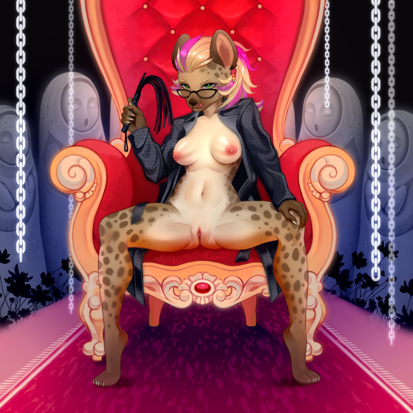 anthro barefoot breasts carpet chain chair claws detailed_background digital_drawing_(artwork) digital_media_(artwork) ear_piercing ear_ring eyewear feet female flower furniture genitals glasses green_eyes hair hand_on_knee hand_on_leg hi_res holding_object hyaenid licking licking_lips looking_at_viewer mammal multicolored_hair navel nipples nude paws piercing plant presenting presenting_pussy pussy raised_arm ring_piercing sculpture senchi sitting solo spots spotted_body spotted_hyena spread_legs spreading statue teeth_visible throne tongue tongue_out whip