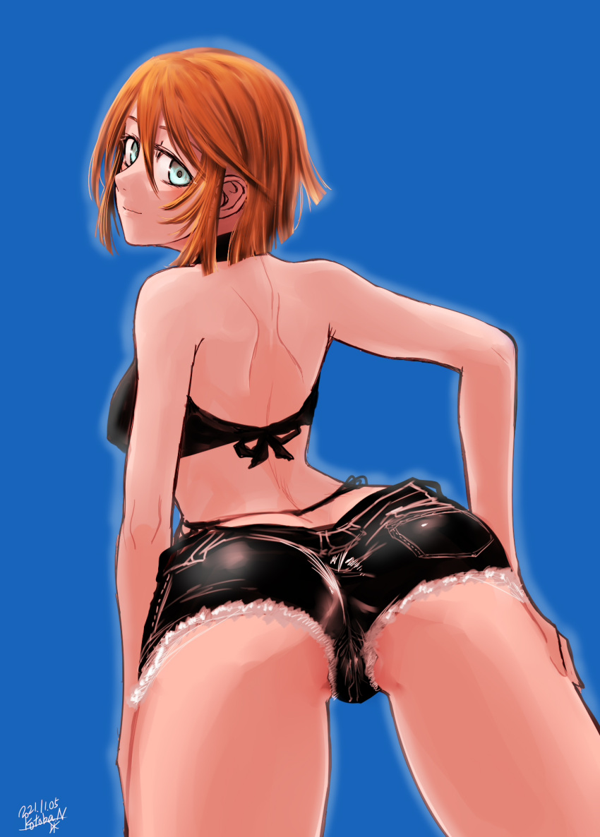 1girl ass back bikini bikini_top_only blonde_hair blue_eyes cowboy_shot denim denim_shorts from_behind hand_on_own_thigh highres kotoba_noriaki looking_at_viewer original short_hair short_shorts shorts shoulder_blades simple_background swimsuit thighs