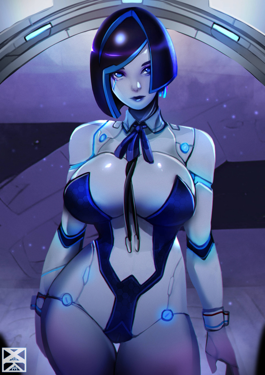1girl absurdres android asymmetrical_hair between_breasts black_hair blue_eyes blue_leotard blue_lips blue_ribbon breasts center_opening contrapposto curvy demi_(subverse) detached_collar highres huge_breasts joints leotard makeup mascara metal_skin neck_ribbon revealing_clothes ribbon robot_joints solo standing strapless subverse thigh_gap wrist_cuffs xuuikie_ashe