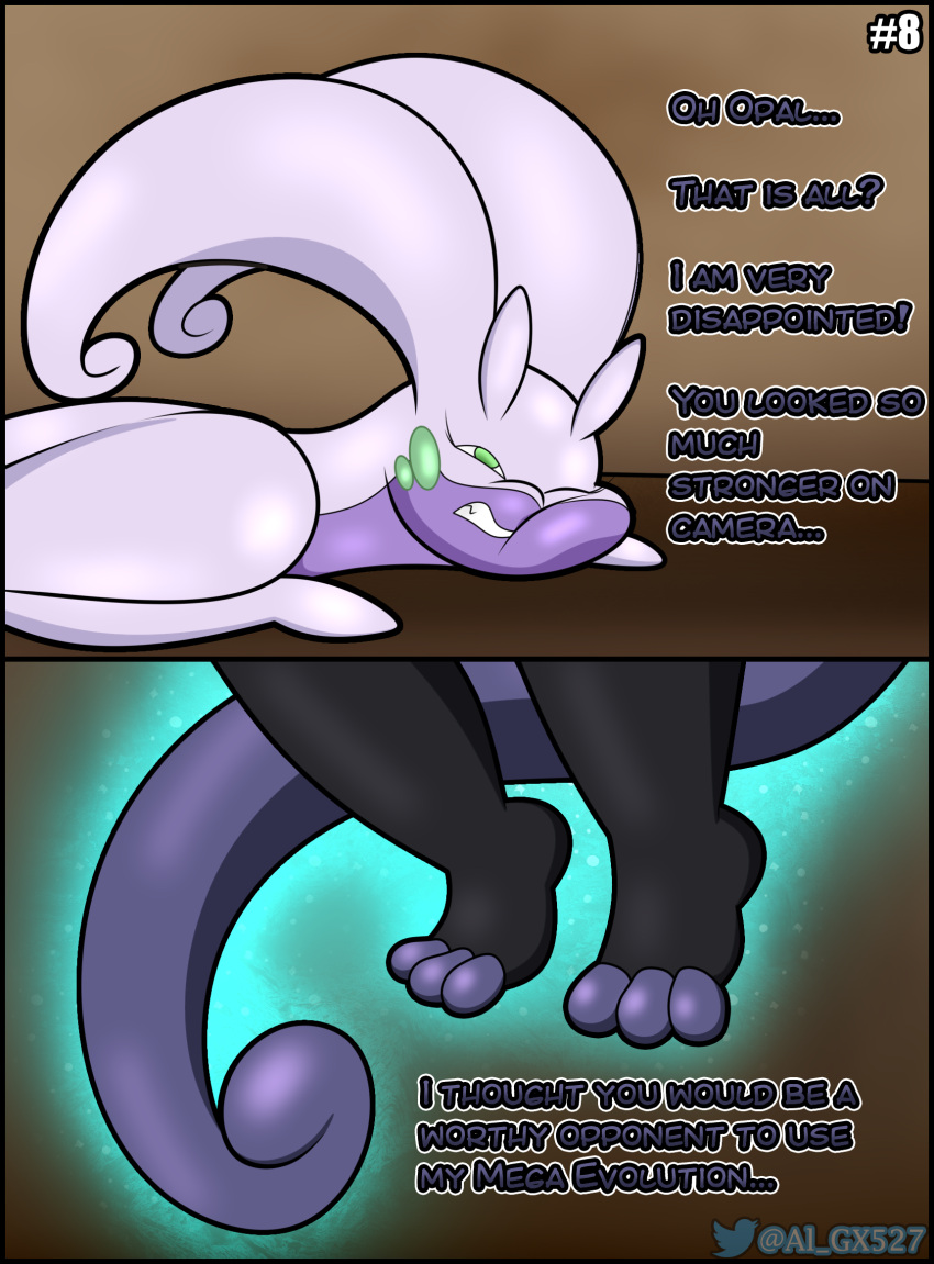 al_gx anthro black_body black_border border casual_nudity cave comic defeated dialogue english_text feet female goo_creature goodra hi_res legendary_pok&eacute;mon levitation mammal mega_evolution mega_mewtwo mega_mewtwo_y mewtwo nintendo opal_(al_gx) pok&eacute;mon pok&eacute;mon_(species) purple_body story text video_games