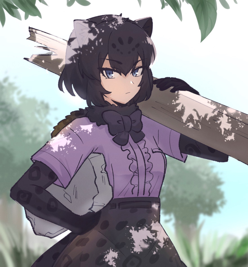 1girl animal_ears black_bow black_bowtie black_fur black_gloves black_hair black_jaguar_(kemono_friends) black_skirt blue_eyes blush bow bowtie carrying center_frills commentary_request elbow_gloves frills fur_collar gloves hand_on_hip high-waist_skirt highres jaguar_ears jaguar_girl jaguar_print jaguar_tail kemono_friends log looking_at_viewer print_bow print_bowtie print_gloves print_skirt purple_shirt shirt short_hair short_sleeves skirt solo tail tmtkn1