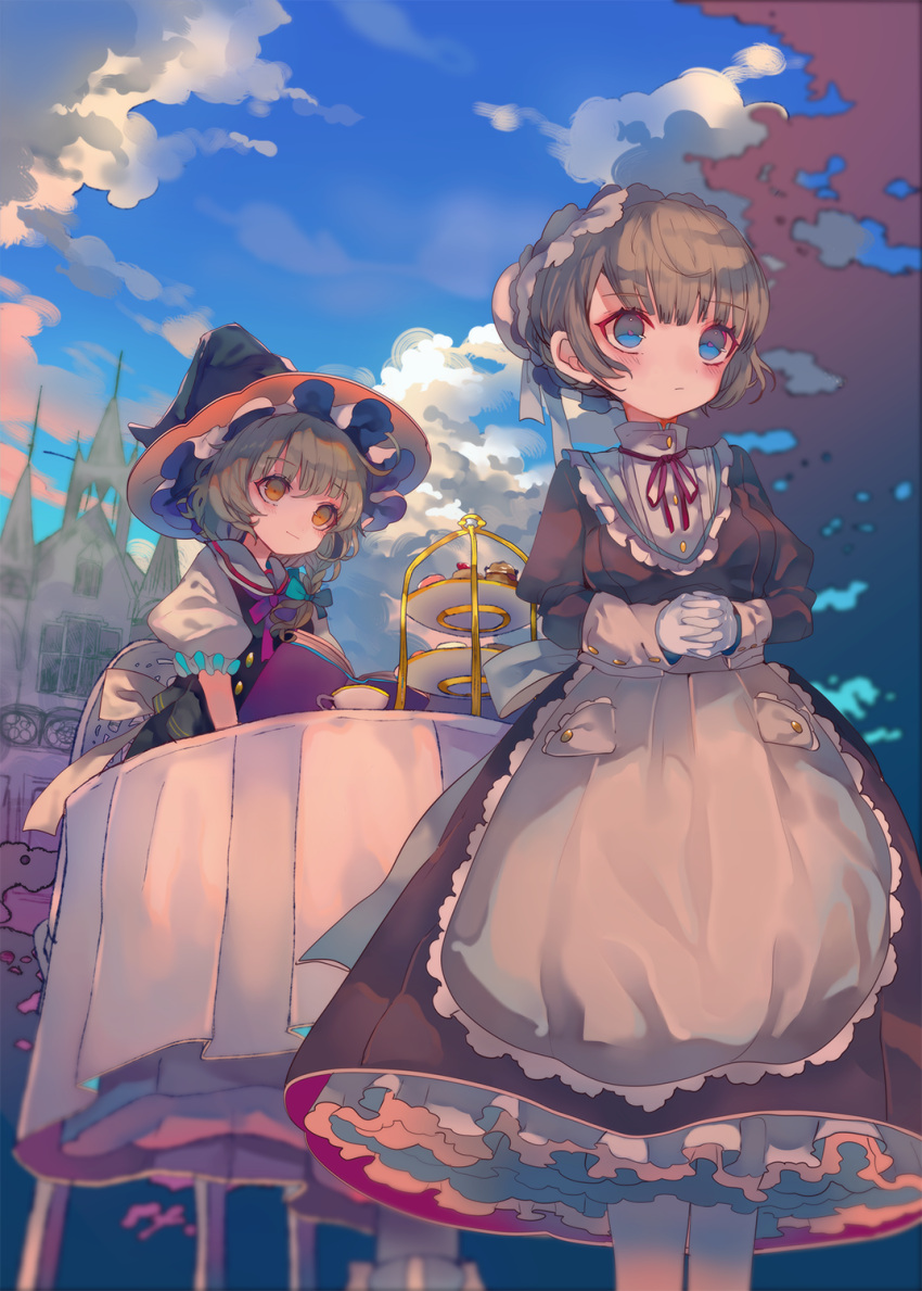2girls apron bangs black_dress black_headwear black_vest blonde_hair blue_eyes blue_sky book bow braid buttons cha_goma closed_mouth cloud cloudy_sky commentary_request cup dessert dress feet_out_of_frame food frilled_apron frilled_hat frills gloves hair_bow hat highres kirisame_marisa long_hair long_sleeves looking_at_another maid maid_headdress mansion multiple_girls neck_ribbon open_book orange_eyes original own_hands_clasped own_hands_together pantyhose petticoat puffy_short_sleeves puffy_sleeves red_ribbon ribbon short_hair short_sleeves single_braid sky tablecloth teacup tiered_tray touhou vest white_gloves white_pantyhose witch_hat wrist_cuffs