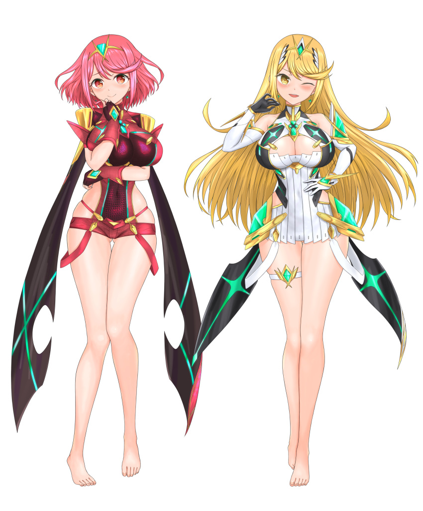 2girls absurdres bangs bare_shoulders barefoot black_gloves blonde_hair breasts chest_jewel cleavage cleavage_cutout clothing_cutout dress earrings elbow_gloves feichu_keju fingerless_gloves gloves highres jewelry large_breasts long_hair multiple_girls mythra_(xenoblade) pyra_(xenoblade) red_eyes red_hair red_shorts short_dress short_hair short_shorts shorts swept_bangs thighhighs tiara very_long_hair white_dress white_gloves xenoblade_chronicles_(series) xenoblade_chronicles_2 yellow_eyes