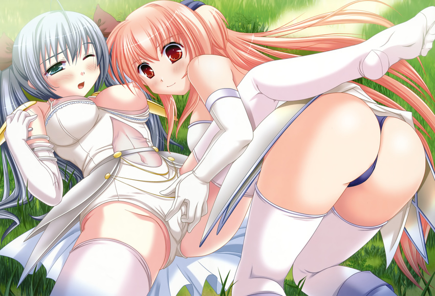 absurdres ahoge ass ayaha_(delta!) bent_over blue_eyes blue_panties blush boots breast_slip breasts covered_nipples delta! elbow_gloves fingering fingering_through_clothes gloves grass hair_ribbon highres large_breasts leg_up long_hair lying multiple_girls navel nipples no_bra nonoka_(delta!) on_back one_breast_out open_mouth outdoors panties pink_hair public red_eyes ribbon sapporo_momoko see-through short_twintails silver_hair skirt skirt_lift smile spread_legs thighhighs through_clothes twintails underwear very_long_hair white_gloves white_legwear wince yuri