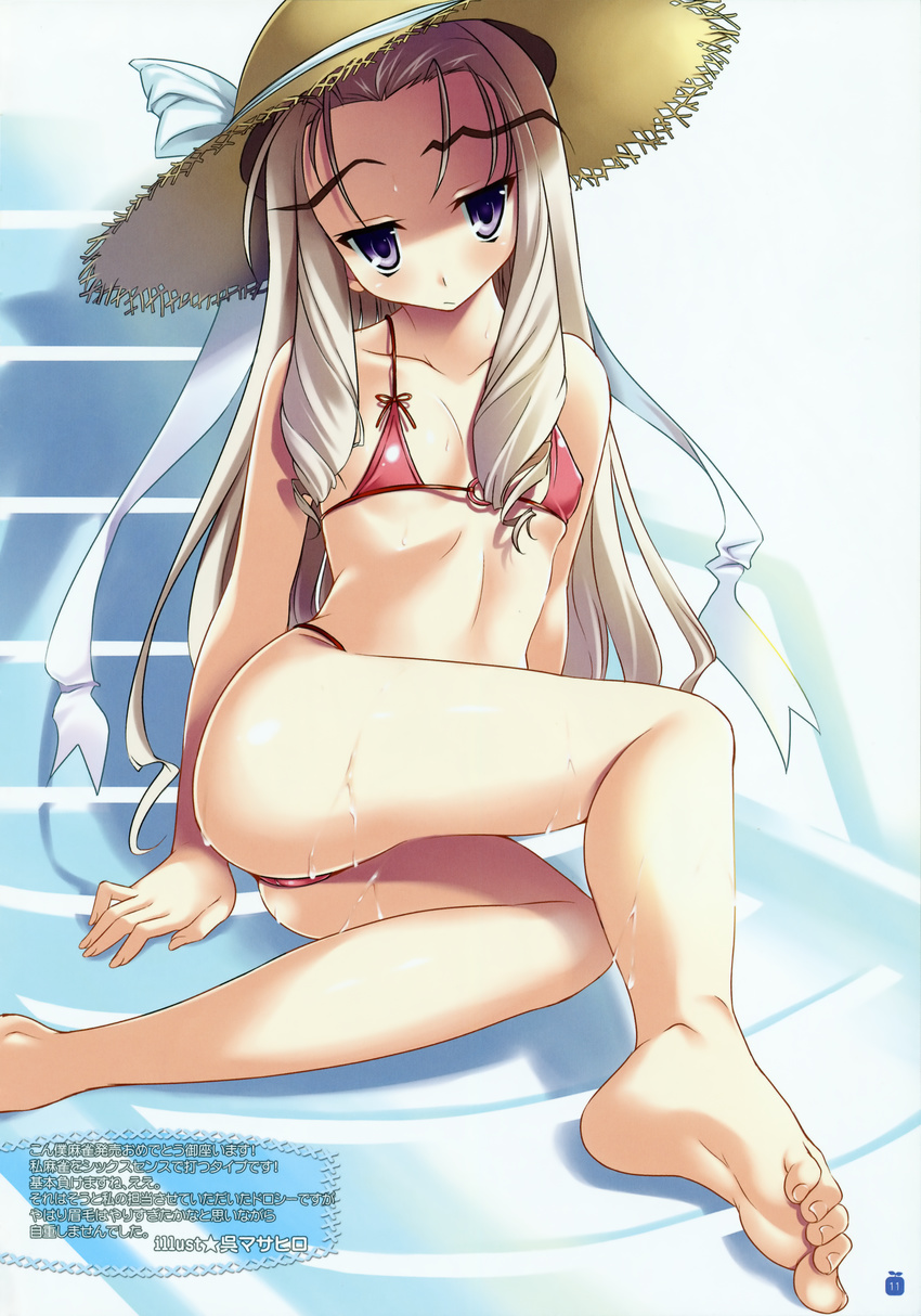 absurdres barefoot bikini blonde_hair dorothy_hargreaves eyebrows feet flat_chest hat highres huge_filesize konboku_mahjong kure_masahiro legs long_hair purple_eyes soles solo straw_hat swimsuit toe-point toe_scrunch toenails toes wet