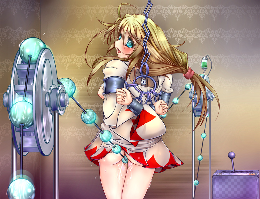 arms_behind_back ass bdsm beads blonde_hair blue_eyes blush bondage bound bound_arms bound_wrists box_tie breasts chain crotch_rub cuffs final_fantasy final_fantasy_tactics from_behind highres looking_back medium_breasts monikano nipples predicament_bondage pussy_juice robe sex_machine shackles solo tears torn_clothes white_mage white_mage_(fft)