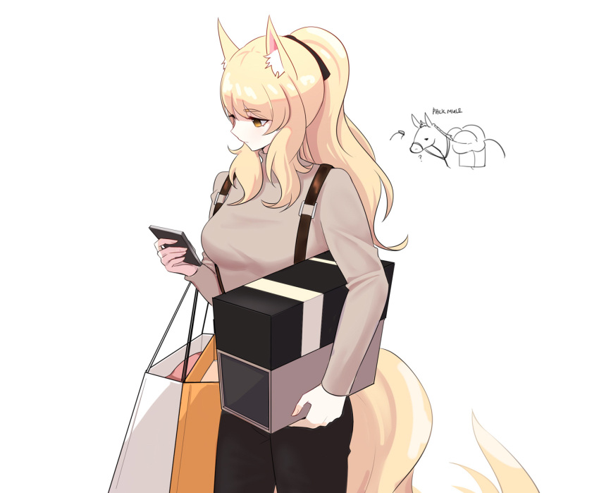 animal_ear_fluff animal_ears arknights bag blemishine_(arknights) blonde_hair brown_eyes cellphone highres holding holding_bag horse_ears horse_girl horse_tail implied_extra_ears long_sleeves phone pullover supershrimpcakes suspenders tail