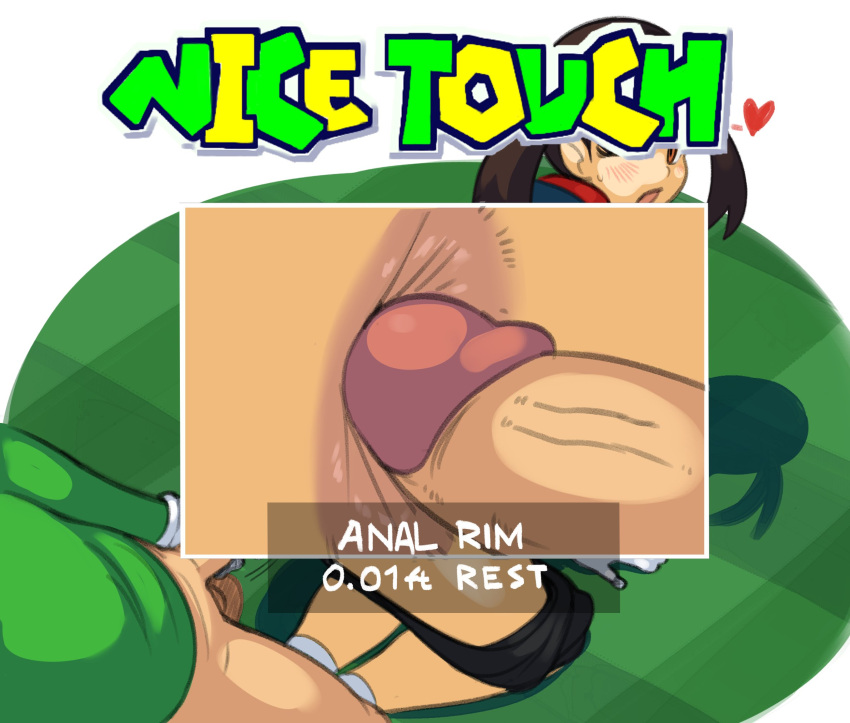 1boy 1girl all_fours anus ass blue_shirt blush brown_eyes brown_hair close-up clothes_pull english_commentary erection gameplay_mechanics gloves golf_course grass heart hetero highres imminent_anal imminent_penetration just_the_tip large_pectorals luigi mario_(series) mario_golf medium_hair paid_reward_available pectorals plum_(mario) polo_shirt shirt short_twintails shorts shorts_pull solo_focus testicles tobias_leviathan twintails white_gloves