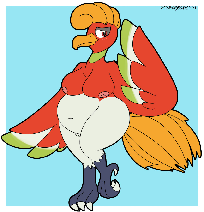 2022 absurd_res anthro avian beak blue_background border european_mythology feathers female full-length_portrait genitals greek_mythology green_body green_feathers hi_res ho-oh inverted_nipples legendary_pok&eacute;mon mama_bird_(onefattycatty) mythological_avian mythological_firebird mythology navel nintendo nipples outside_border overweight overweight_female phoenix pok&eacute;mon pok&eacute;mon_(species) portrait pussy red_body red_eyes red_feathers screamoshaymin signature simple_background solo tail_feathers talons thick_thighs video_games white_body white_border white_feathers yellow_body yellow_feathers yellow_tail