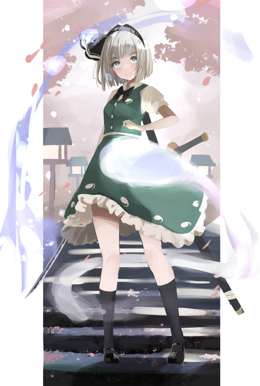 1girl 258n black_bow black_bowtie black_footwear black_socks blue_eyes bob_cut bow bowtie collared_shirt frilled_skirt frills green_skirt green_vest grey_hair hakugyokurou highres hitodama_print kneehighs konpaku_youmu mary_janes puffy_short_sleeves puffy_sleeves shirt shoes short_hair short_sleeves skirt skirt_set smile socks solo touhou vest white_hair white_shirt