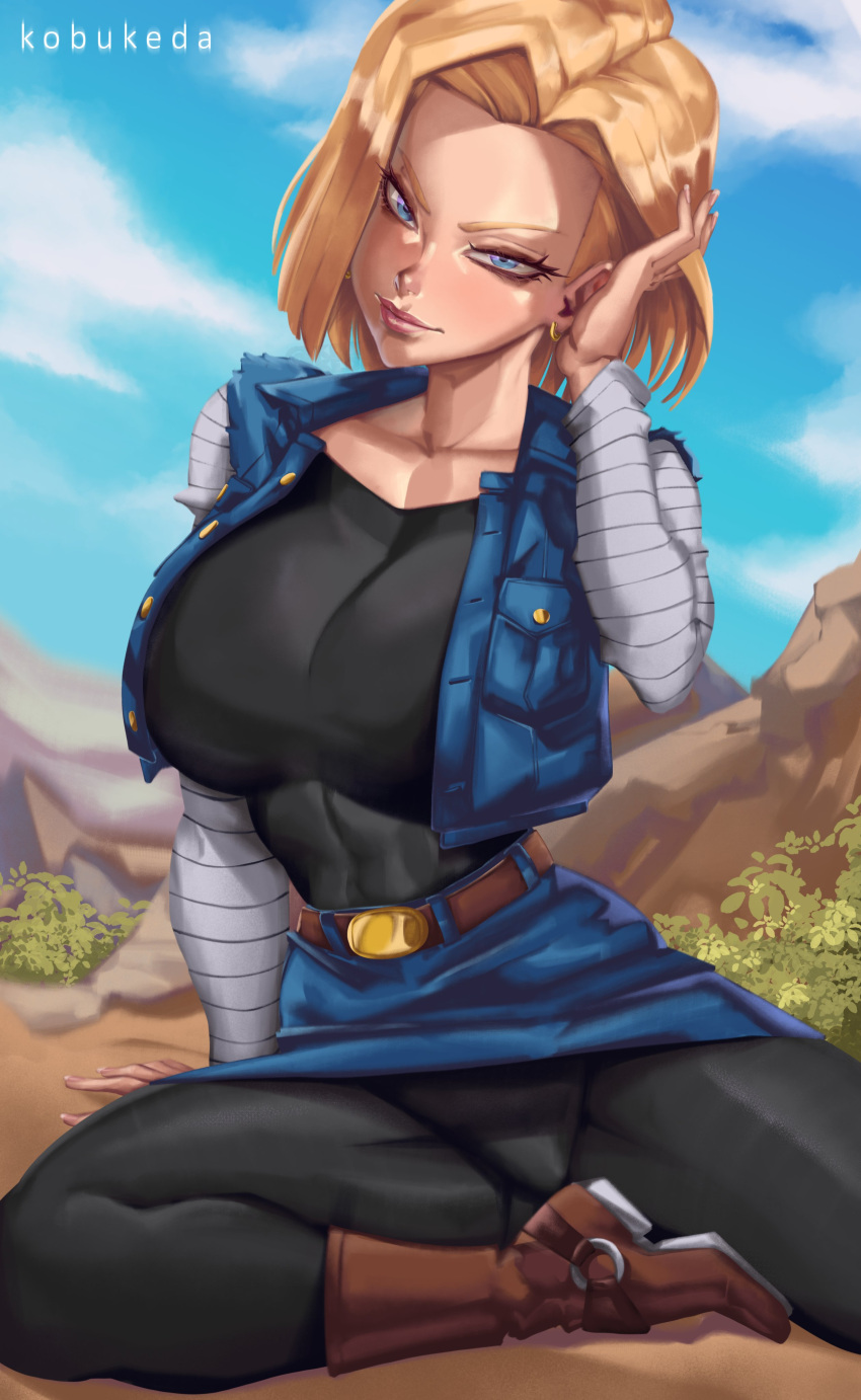 1girl absurdres android_18 belt belt_buckle black_pantyhose blonde_hair blue_eyes boots breasts brown_footwear buckle covered_navel cowboy_boots day denim denim_jacket denim_skirt denim_vest dragon_ball dragon_ball_z earrings english_commentary forehead hair_flip highres jacket jewelry kobukeda large_breasts lips looking_at_viewer makeup mascara pantyhose sitting skirt solo striped_sleeves upskirt