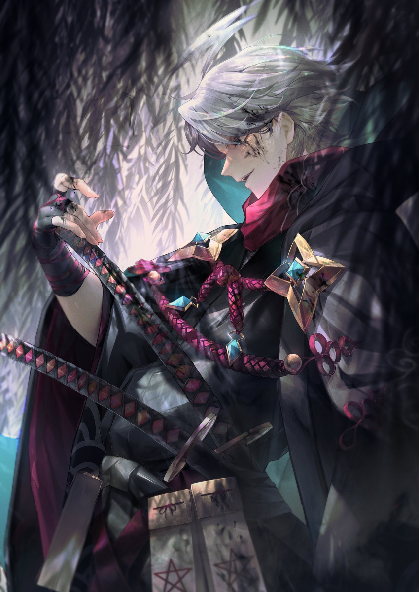 1boy ahoge bangs black_eyes black_kimono commentary_request cuso4_suiwabutu facial_mark fate/grand_order fate_(series) fingerless_gloves from_side gloves grey_hair hand_on_hilt highres james_moriarty_(fate) james_moriarty_(ruler)_(dream_portrait)_(fate) james_moriarty_(ruler)_(fate) japanese_clothes katana kimono looking_away male_focus official_alternate_costume red_scarf scarf short_hair smile solo star_(symbol) sword upper_body weapon younger