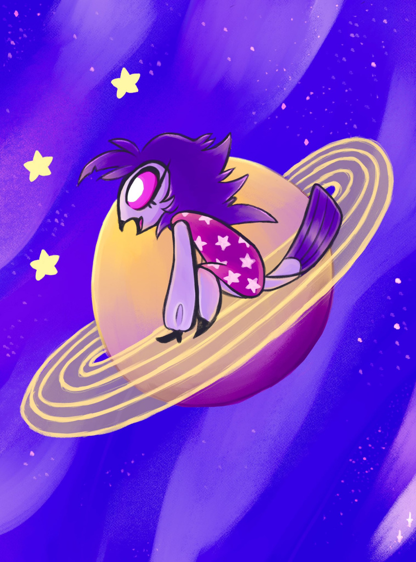 anthro avian bird child clothing detailed_background excited female hair happy helluva_boss hi_res long_hair looking_sideways octavia_(helluva_boss) owl owl_demon pigwenn pink_clothing pink_eyes saturn sitting sky smile solo space star starry_sky young