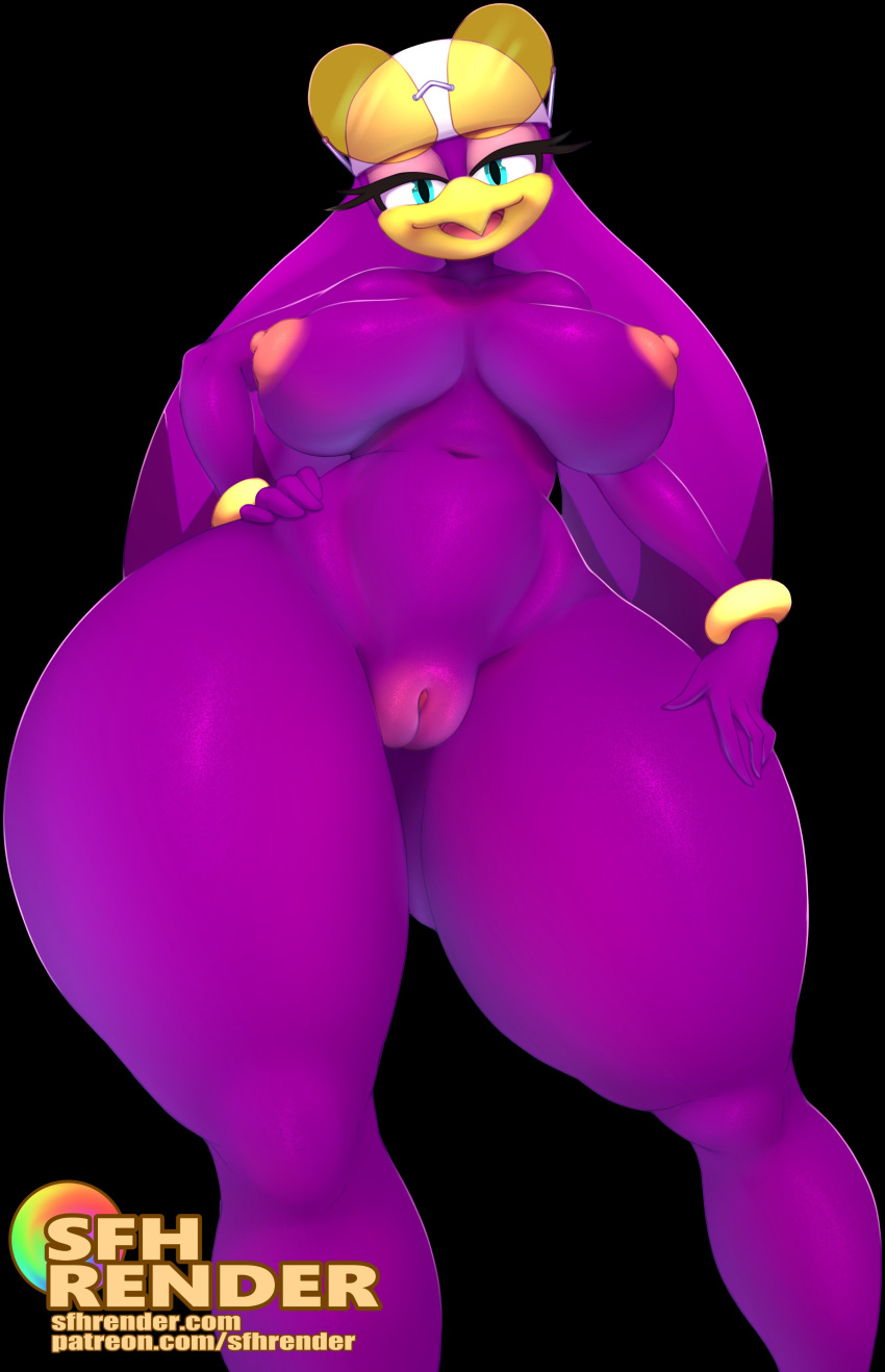 absurd_res avian bird blue_eyes bracelet eyewear female genitals glasses hand_on_hip hand_on_leg hi_res hirundinid jewelry looking_at_viewer low-angle_view nipples nude oscine passerine pussy sadflowerhappy sega solo sonic_riders sonic_the_hedgehog_(series) swallow_(bird) thick_thighs wave_the_swallow worm's-eye_view