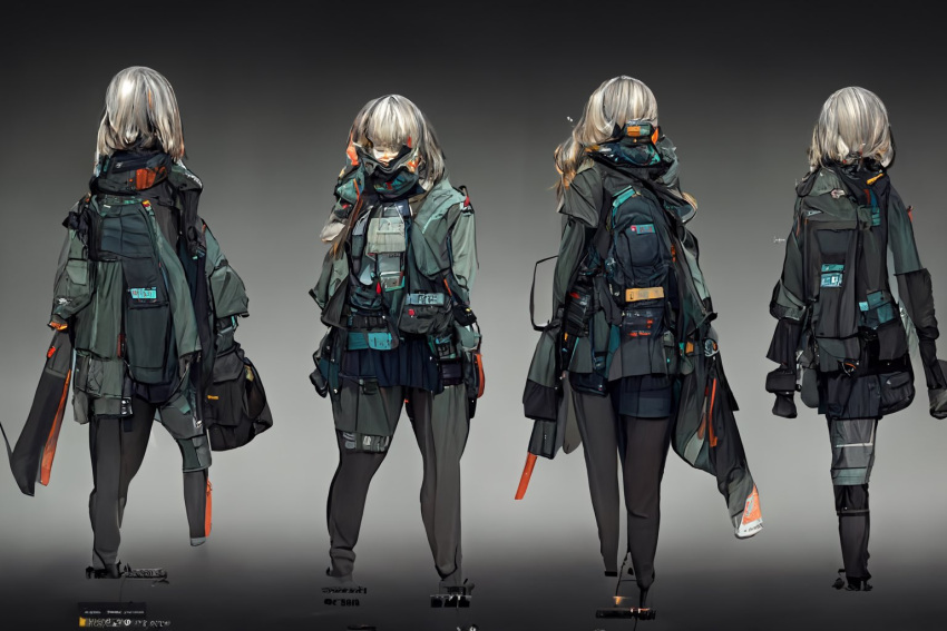 4others ambiguous_gender bag belt commentary_request cyberpunk dreadtie duffel_bag fanny_pack grey_background long_hair long_jacket mask medium_hair multiple_others original pants tactical_clothes white_hair