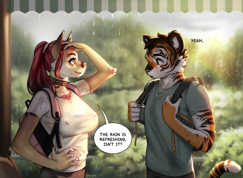 anthro backpack breasts canid canine chest_tattoo clothing distracted duo felid female hi_res hiking horny male mammal nipples oblivious pantherine raining spuydjeks tattoo tiger translucent translucent_clothing wet wet_clothing