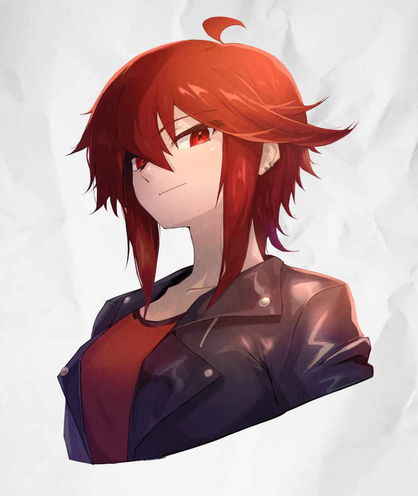 1girl absurdres ahoge black_jacket breasts commentary_request ear_piercing highres jacket leather leather_jacket medium_breasts ohako_(ohako1818) original piercing red_eyes red_hair red_shirt shirt short_hair short_hair_with_long_locks sidelocks smile upper_body white_background