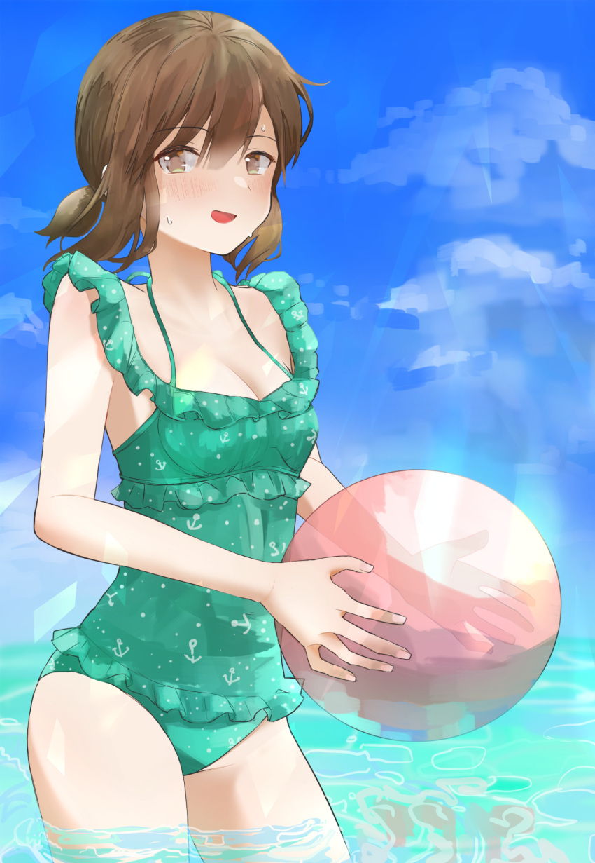 alternate_costume aqua_swimsuit ball beachball black_eyes black_hair blue_sky breasts casual_one-piece_swimsuit cleavage cloud day frilled_swimsuit frills fubuki_(kancolle) hair_between_eyes highres holding holding_ball holding_beachball kantai_collection kiusagi_sanae looking_at_viewer low_ponytail ocean one-piece_swimsuit one_eye_closed open_mouth outdoors ponytail short_ponytail sky small_breasts smile sweatdrop swimsuit water