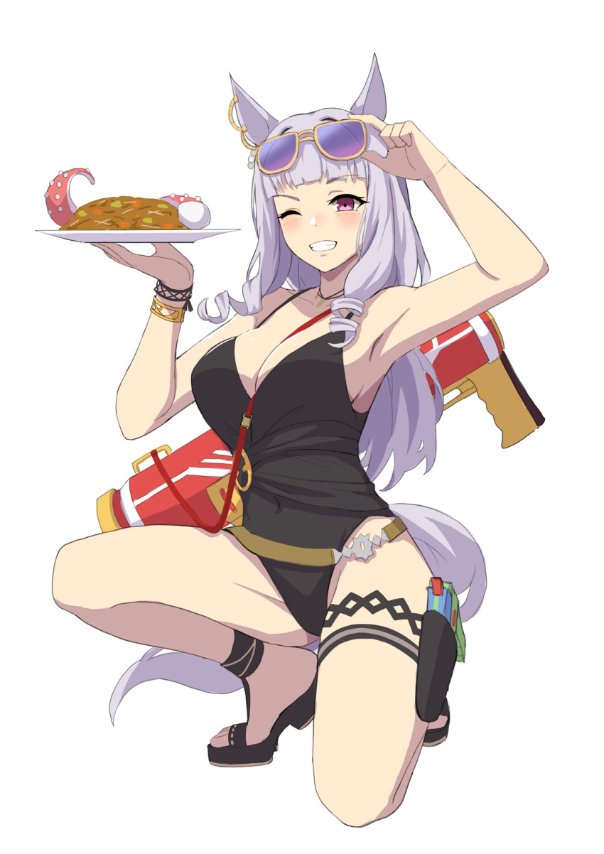 1girl adjusting_eyewear animal_ears arm_up bangs bare_shoulders between_breasts black_swimsuit blunt_bangs blush bracelet breasts cleavage covered_navel eyewear_on_head food full_body gold_ship_(run_revolt_launcher)_(umamusume) gold_ship_(umamusume) grey_hair grin groin hand_up highres holding holding_plate holster horse_ears horse_girl horse_tail jewelry large_breasts long_hair necklace octopus one-piece_swimsuit one_knee pink_eyes plate raised_eyebrow sandals simple_background smile solo strap_between_breasts sunglasses swimsuit tail thigh_holster umamusume vococo water_gun white_background