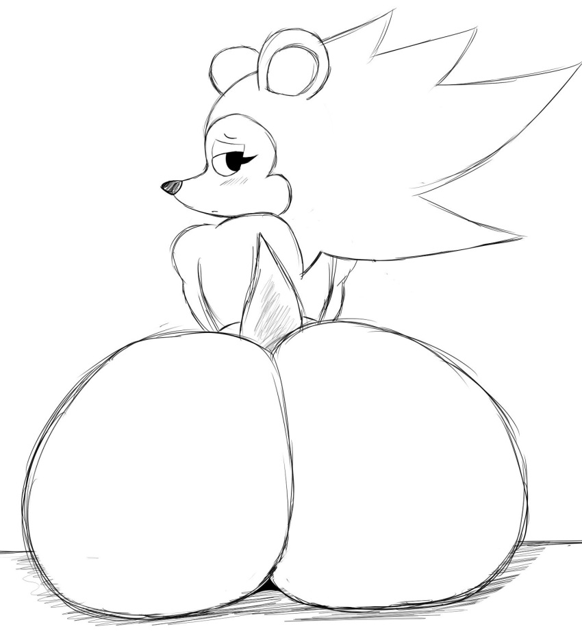 2018 animal_crossing anthro arthurclaws big_butt black_eyes black_nose blush butt closed_frown eulipotyphlan eyelashes female half-closed_eyes hedgehog hi_res huge_butt looking_back mammal monochrome mouth_closed narrowed_eyes nintendo rear_view round_ears sable_able simple_background sitting sketch snout solo video_games white_background