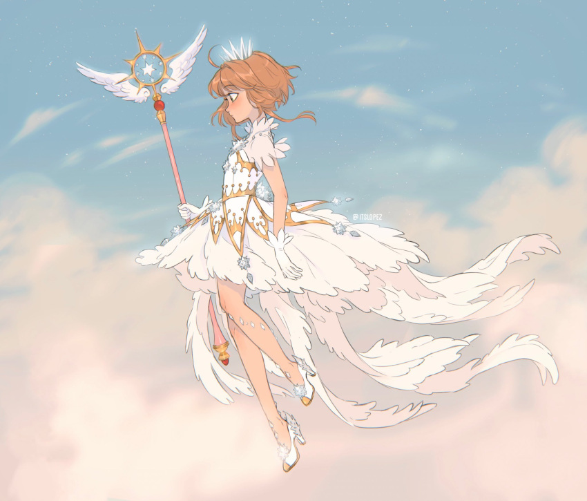 1girl ahoge blush breasts cardcaptor_sakura clear_card cloud cloudy_sky crown dress feather_trim feathers floating full_body gloves gold_trim green_eyes high_heels highres holding holding_staff itslopezz kinomoto_sakura profile see-through see-through_sleeves short_hair_with_long_locks short_sleeves sky small_breasts solo staff twitter_username white_dress white_footwear white_gloves yume_no_tsue