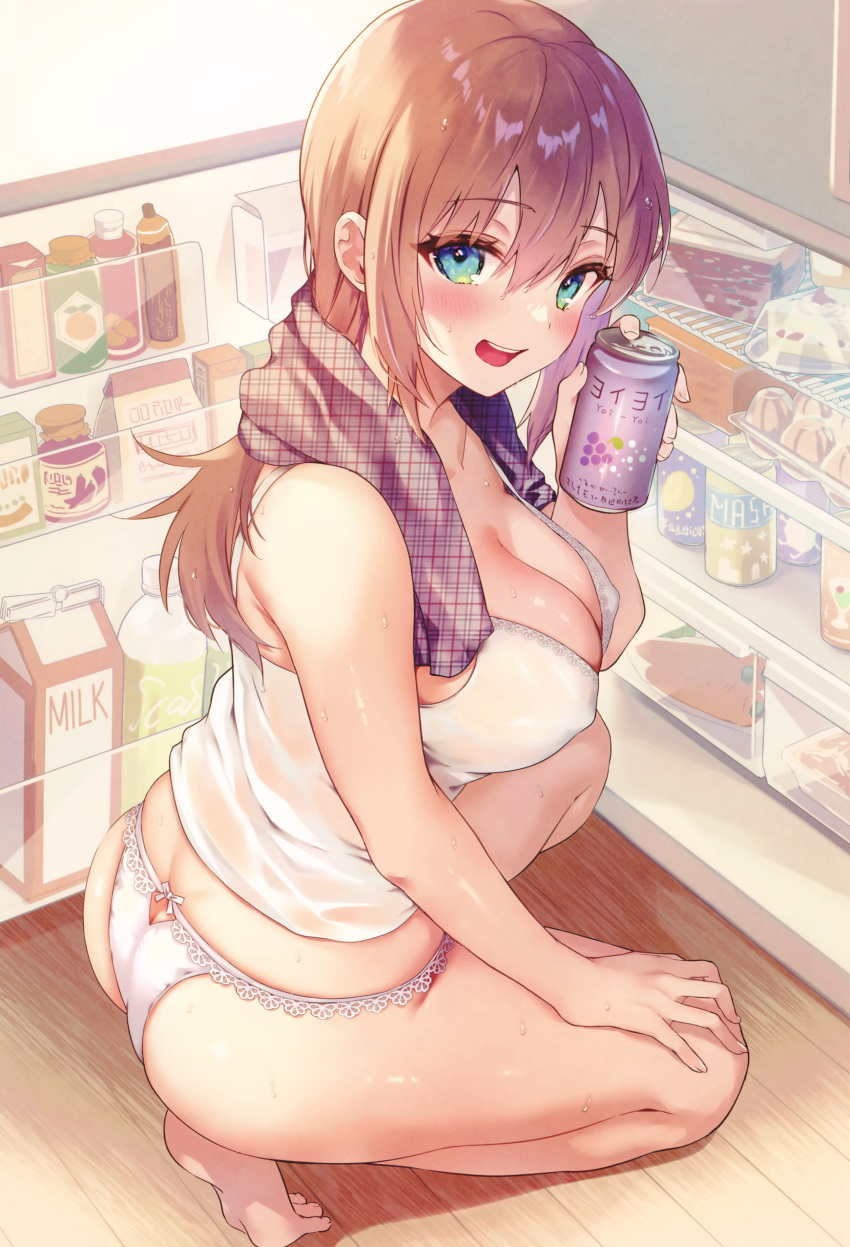 1girl :d absurdres ass bangs bare_shoulders blue_eyes blush bottle breasts brown_hair cake calm_mashiro camisole carrot cleavage collarbone egg eyelashes food green_eyes hair_between_eyes hand_on_lap highres hot indoors jam lace-trimmed_panties lace_trim large_breasts long_hair looking_at_viewer melonbooks milk_carton non-web_source open_mouth original panties refrigerator shiny shiny_skin sidelocks skindentation smile solo squatting sweat teeth towel towel_around_neck underwear upper_teeth vegetable white_camisole white_panties wooden_floor