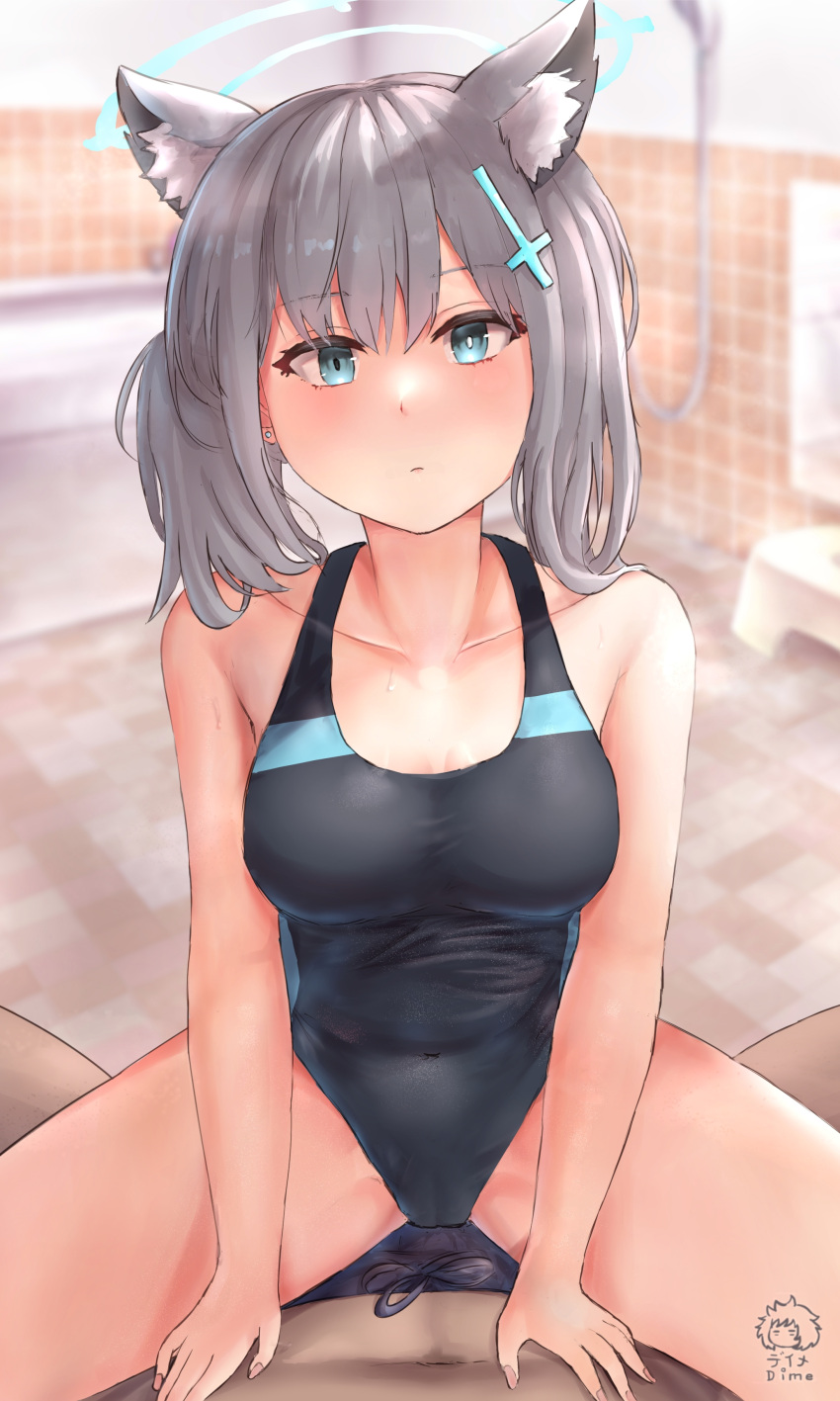 1boy 1girl absurdres animal_ear_fluff animal_ears bangs bath_stool bathroom black_swimsuit blue_archive blue_eyes breasts competition_swimsuit covered_navel cross_hair_ornament dime-san extra_ears grey_hair hair_ornament halo highres looking_at_viewer low_ponytail medium_breasts medium_hair mismatched_pupils multicolored_clothes multicolored_swimsuit one-piece_swimsuit pov shiroko_(blue_archive) shiroko_(swimsuit)_(blue_archive) shower_head solo_focus stool straddling swimsuit tile_wall tiles