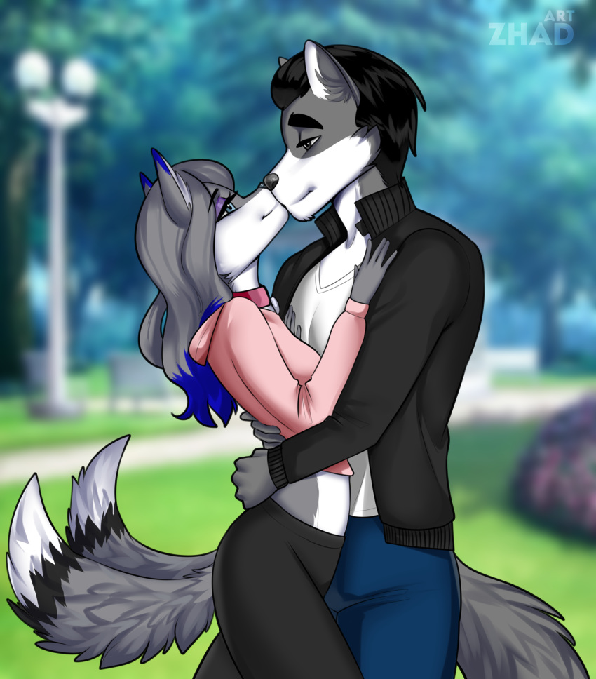 anthro canid canine canis cute_expression duo embrace female fluffy fluffy_tail hi_res hug male male/female mammal wolf zhadart