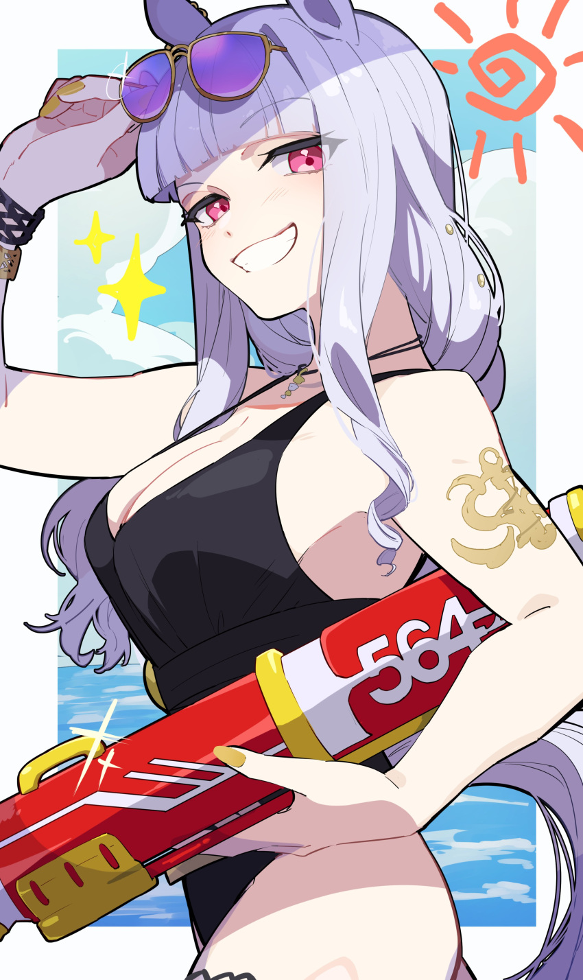1girl :d absurdres animal_ears bangs black_swimsuit blue_sky blunt_bangs border breasts cleavage cloud cloudy_sky eyewear_on_head gold_ship_(run_revolt_launcher)_(umamusume) gold_ship_(umamusume) highres holding horse_ears horse_girl horse_tail long_hair looking_at_viewer nail_polish nekoma_hikaru one-piece_swimsuit open_mouth outdoors purple_eyes purple_hair sky smile solo sunglasses swimsuit tail teeth umamusume water water_gun white_border yellow_nails