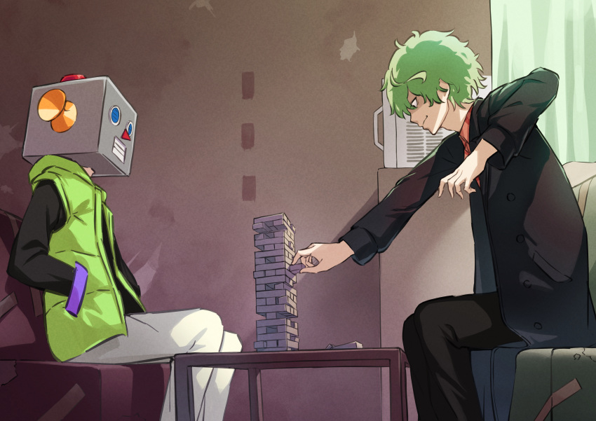 2boys absurdres black_pants coat commentary_request couch curtains green_hair green_vest highres hood hooded_vest hoodie indoors jenga lycoris_recoil majima_(lycoris_recoil) multiple_boys pants pizza_(pizzania_company) playing_games robota_(lycoris_recoil) table toy vest white_pants