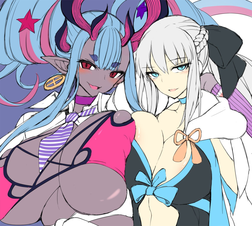 2girls asymmetrical_docking black_bow blue_eyes blush bow braid breast_press breasts center_opening clothing_cutout colored_skin eye_contact fate/grand_order fate_(series) french_braid grey_skin highres horns huge_breasts ibuki_douji_(fate) ibuki_douji_(swimsuit_berserker)_(fate) large_breasts looking_at_another looking_at_viewer morgan_le_fay_(fate) multiple_girls oni oni_horns open_mouth pink_swimsuit ponytail smile stomach_cutout sukage swimsuit two-tone_dress