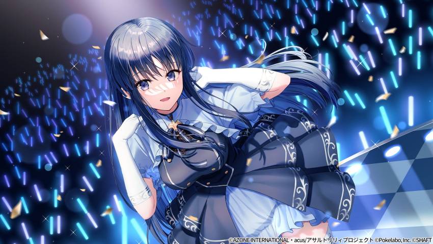1girl assault_lily audience bangs black_dress black_hair black_ribbon breasts buttons checkered_floor commentary_request confetti cowboy_shot dress dutch_angle elbow_gloves frilled_sleeves frills gloves hair_between_eyes hands_up highres hyuuga_azuri indoors large_breasts layered_dress light_particles long_hair looking_at_viewer neck_ribbon official_alternate_costume official_art parted_lips penlight puffy_short_sleeves puffy_sleeves purple_eyes ribbon shirai_yuyu short_sleeves sidelocks smile solo sparkle spotlight stage striped striped_ribbon thighhighs very_long_hair watermark white_gloves white_thighhighs zettai_ryouiki