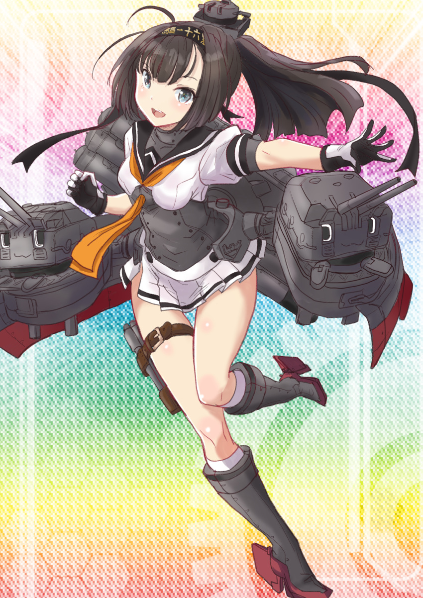 1girl ahoge akizuki_(kancolle) black_hair black_sailor_collar breasts chou-10cm-hou-chan commentary_request corset fuji_(pixiv24804665) full_body gloves grey_eyes hachimaki hair_ornament headband highres kantai_collection long_hair looking_at_viewer machinery miniskirt multicolored_clothes multicolored_gloves neckerchief pleated_skirt ponytail rudder_footwear sailor_collar school_uniform serafuku skirt small_breasts smile solo white_skirt yellow_neckerchief